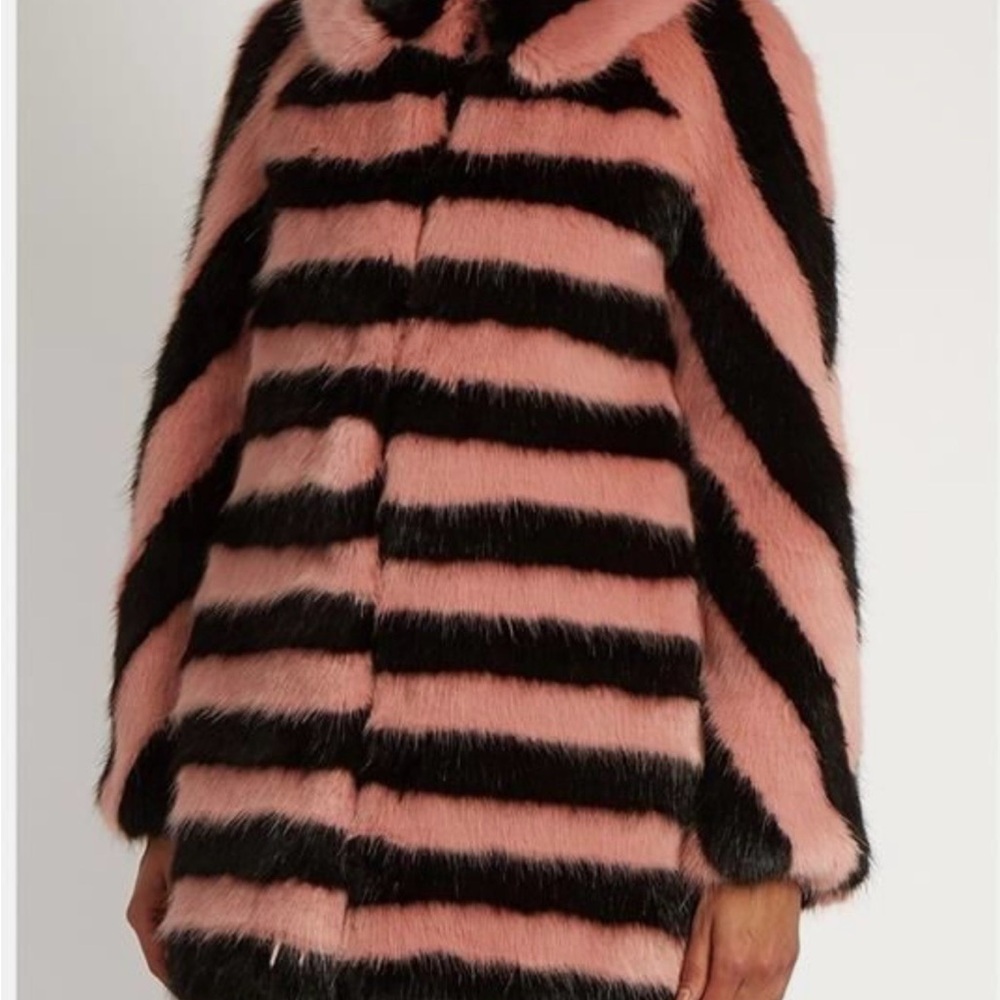 Striped Pink and Black Faux Fur Coat